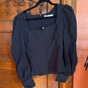 Zara Navy Square-Neck Puff-Sleeve Top